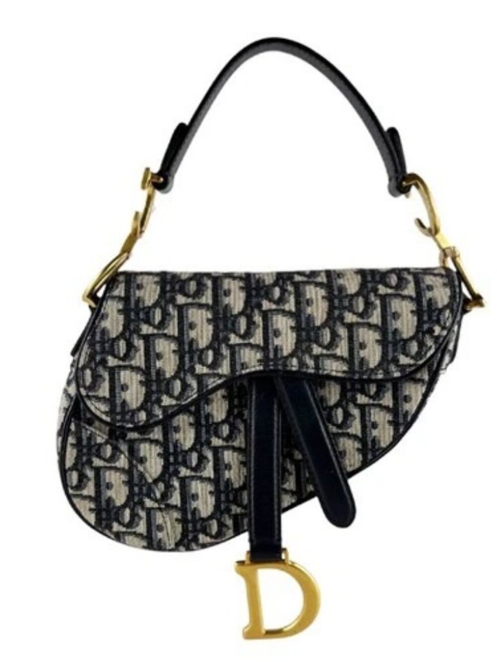 Auth Christian Dior Saddle Bag Handbag Navy Canvas/Leather/Goldtone - z10515